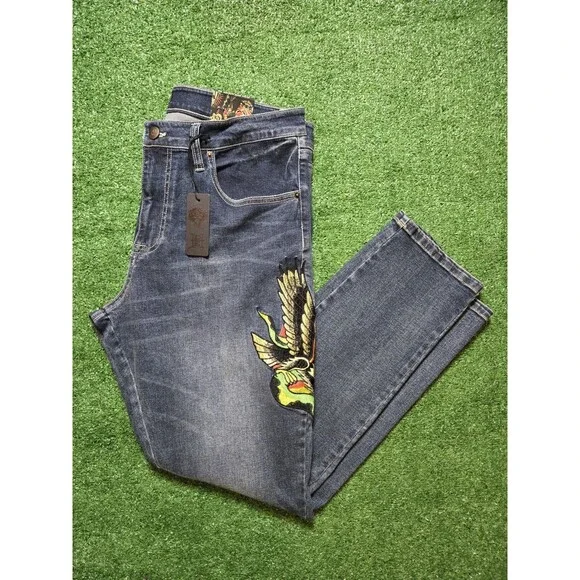 NWT Ed Hardy Eagle Snake Slim Straight Y2K Med Blue Denim Jeans (Men's 36)